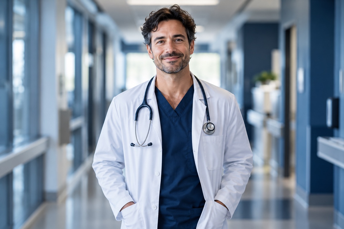 Imagem ilustrativa de um médico com estetoscópio no hospital.